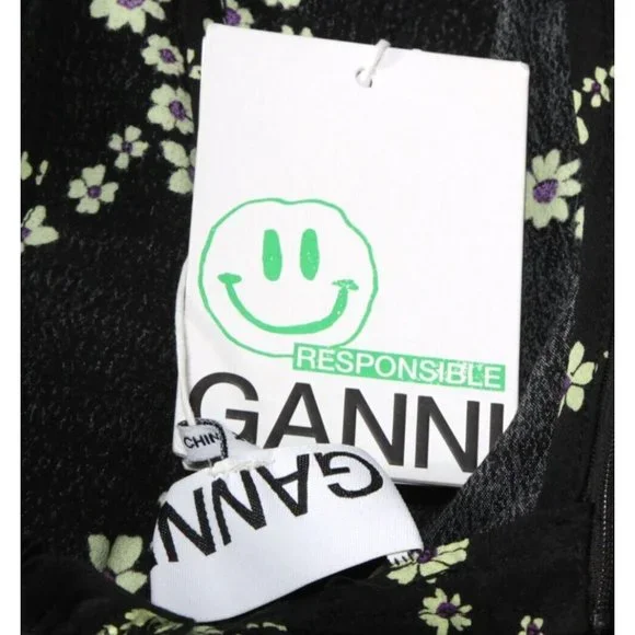 NWT GANNI Crepe Floral Print Mini Dress in Black Margarita Ruffle  sz 36 /655 - Picture 10 of 10